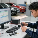 Techniker mit Autoschlüsselprogrammiersystem, Siehe hier für Expertentipps.