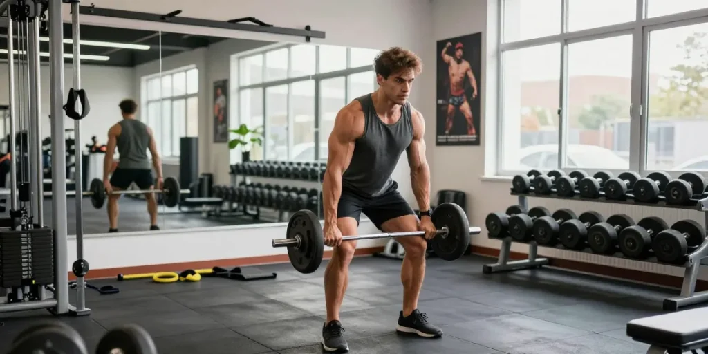 Anabolika kaufen für Muskelaufbau: Bodybuilder bei intensivem Training im modernen Fitnessstudio mit Gewichten und motivierender Atmosphäre.