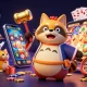 Tải game Sunwin with a cartoon tanuki, crane, and colorful gaming elements in a vibrant casino scene