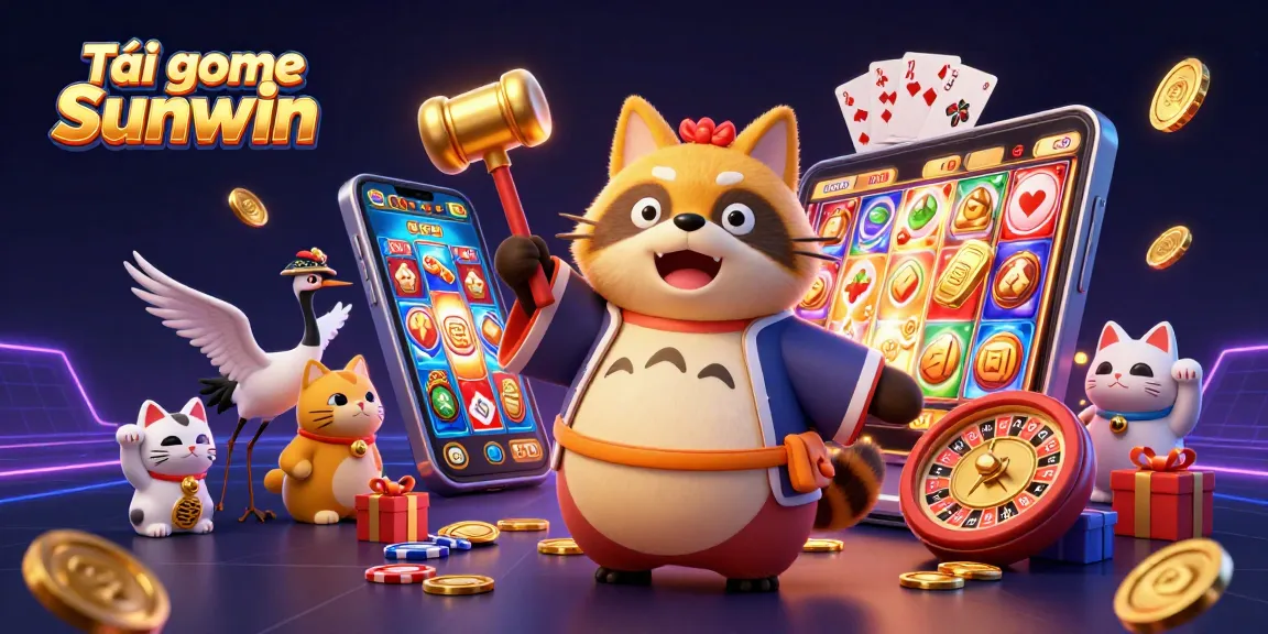 Tải game Sunwin with a cartoon tanuki, crane, and colorful gaming elements in a vibrant casino scene